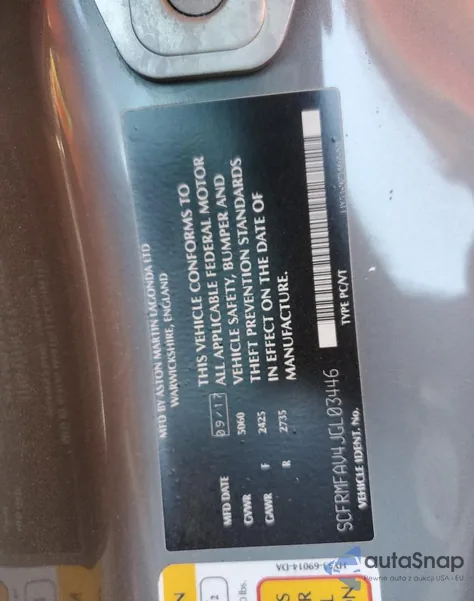 2018 Aston Martin Db11 z USA, uszkodzony, nr VIN SCFRMFAV4JGL03446